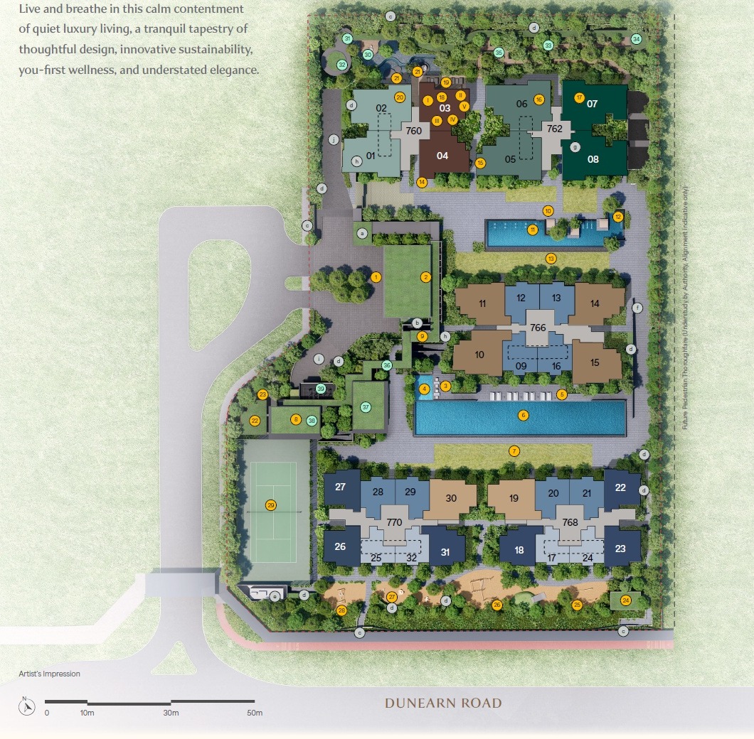 Dunearn House developer site plan showing blocks, facilities and north arrow