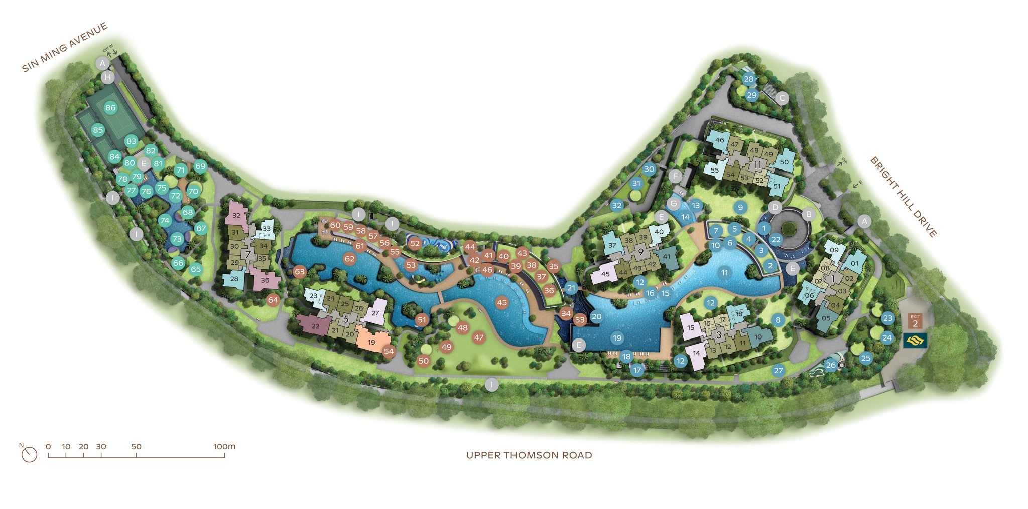 Thomson Reserve developer site plan showing six blocks, pools, facilities and north arrow